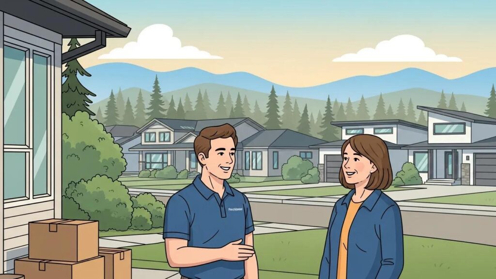 Illustration of a compassionate discussion between a service provider and a client outside a home in Fort McMurray, emphasizing hoarding cleanup support and community assistance.