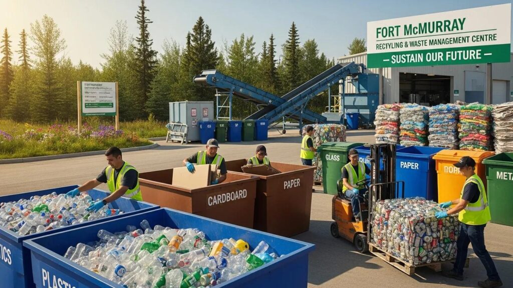 Fort McMurray recycling center with workers sorting eco-friendly waste, including plastics, paper, and cardboard, promoting sustainable waste management practices.