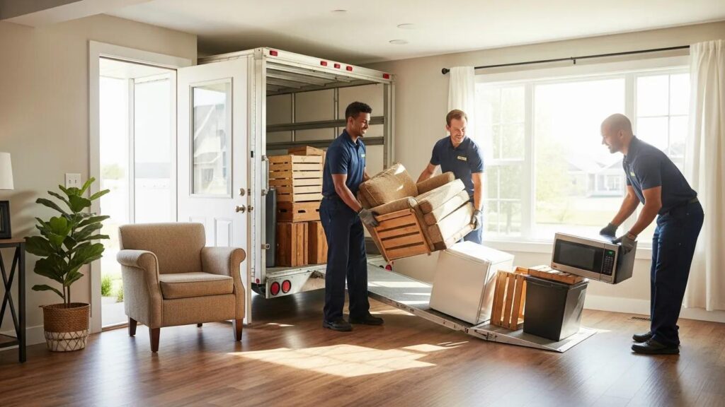Friendly junk removal team efficiently clearing clutter from a clean living space in Fort McMurray, showcasing professional decluttering services.