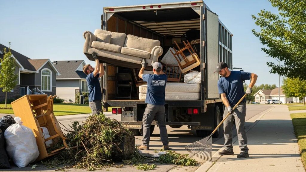 Junk removal crew in Fort McMurray loading a truck with furniture and debris, showcasing professional and efficient cleanup services.