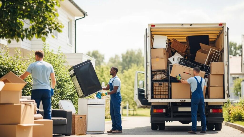 Junk removal team collecting items from a home, highlighting eco-friendly disposal practices and responsible recycling methods.