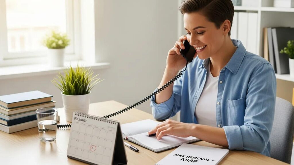 Person scheduling a junk removal service over the phone, with a calendar and notes on a desk, emphasizing the booking process for junk pickup.