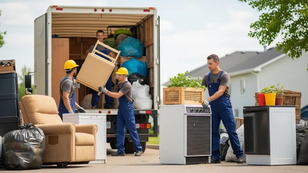 Professional junk removal team loading furniture and appliances into a truck in Fort McMurray, showcasing efficient decluttering services.