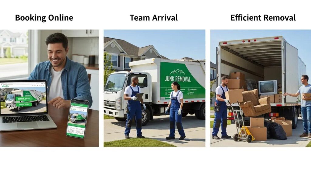 Image depicting the junk pickup process, featuring a customer booking online, a professional team arriving at the location, and the efficient removal of various items including a couch and boxes, highlighting Pawlor's junk removal services.