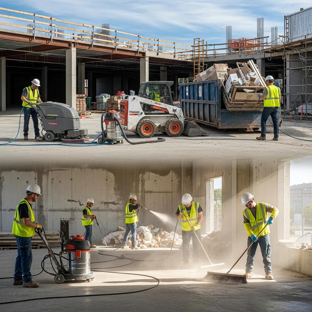 Construction site being cleaned, emphasizing benefits of post-construction cleanup for commercial properties