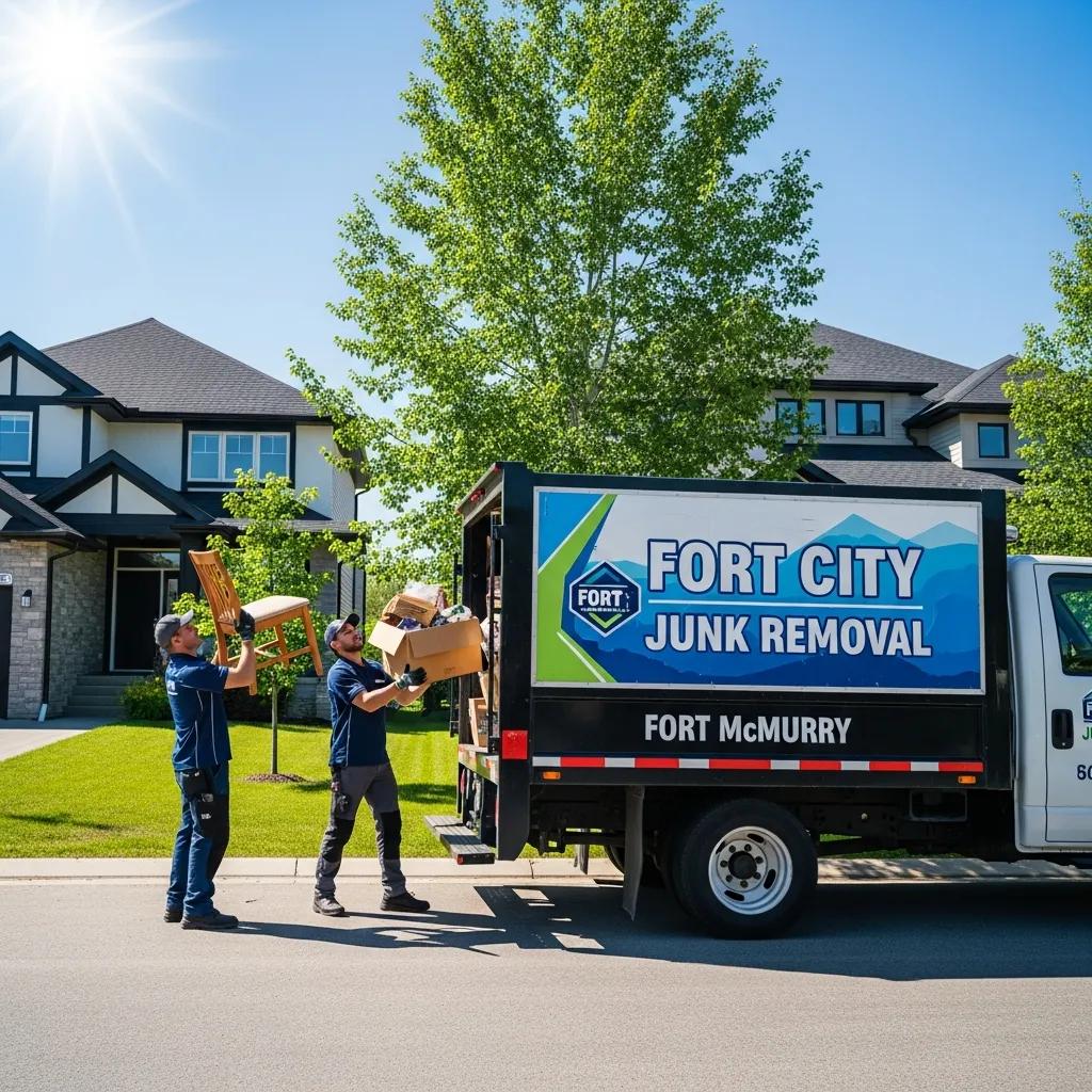Fort McMurray junk removal truck with workers loading items in a suburban area