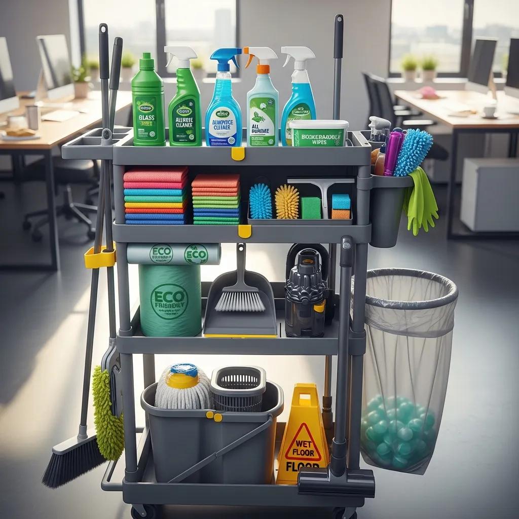 Janitorial service supplies illustrating cleaning packages for offices and retail spaces