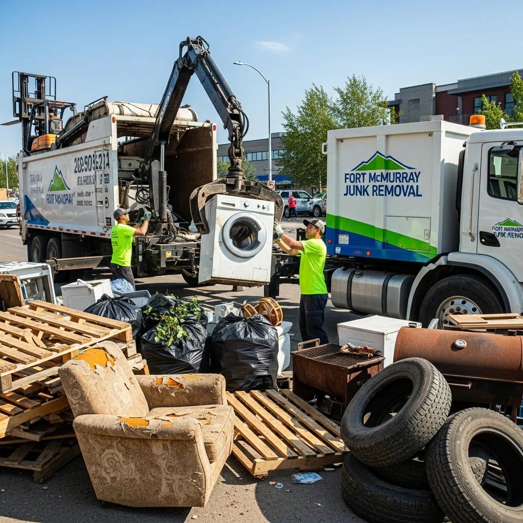 Junk removal truck collecting residential waste including appliances and furniture in Fort McMurray.