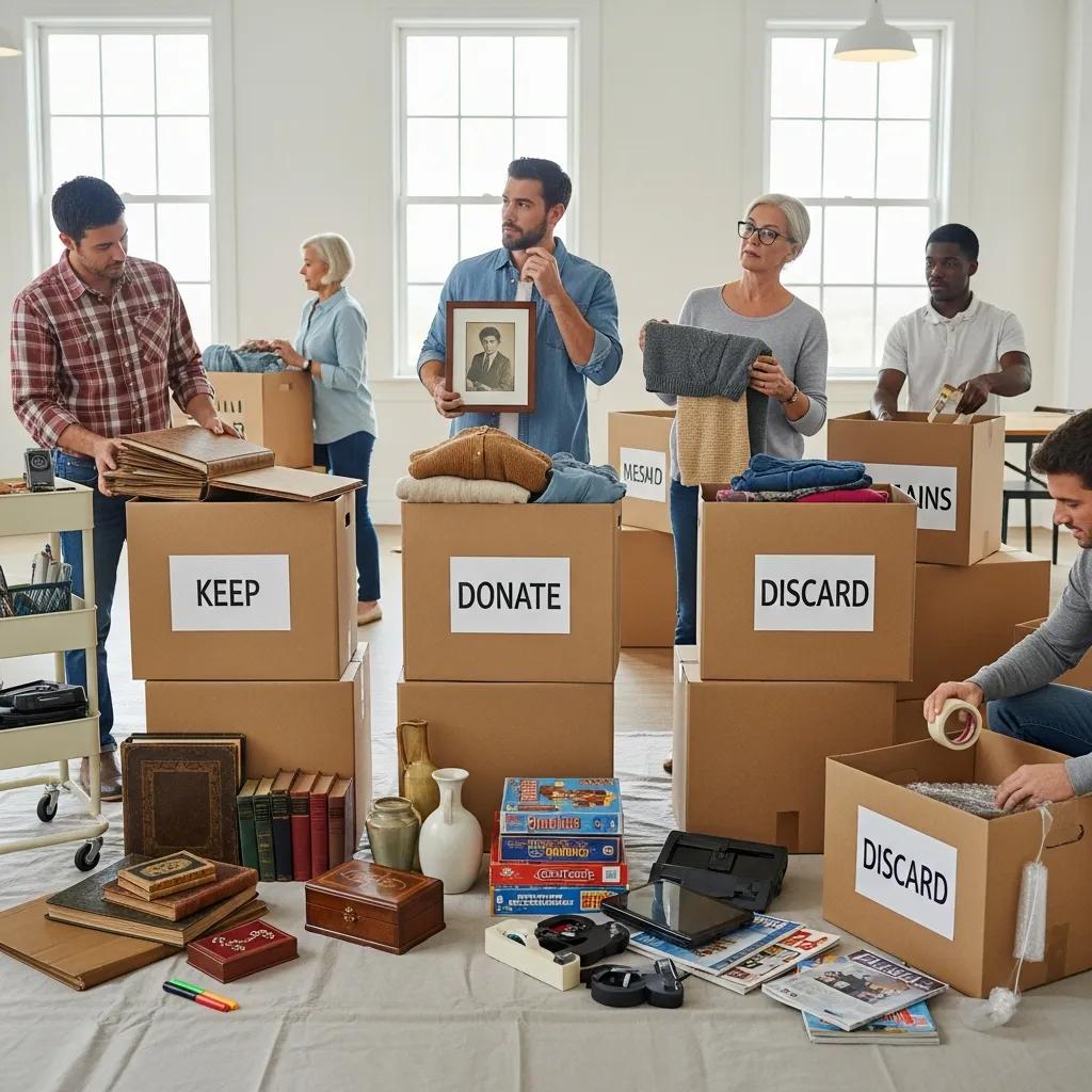 Organized estate cleanout process with families sorting items into keep, donate, and discard categories