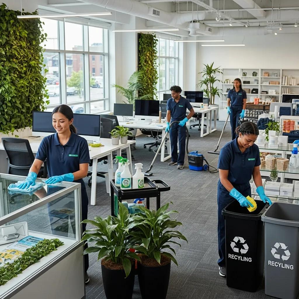 Professional cleaning team in a clean office and retail space focusing on commercial cleanup services