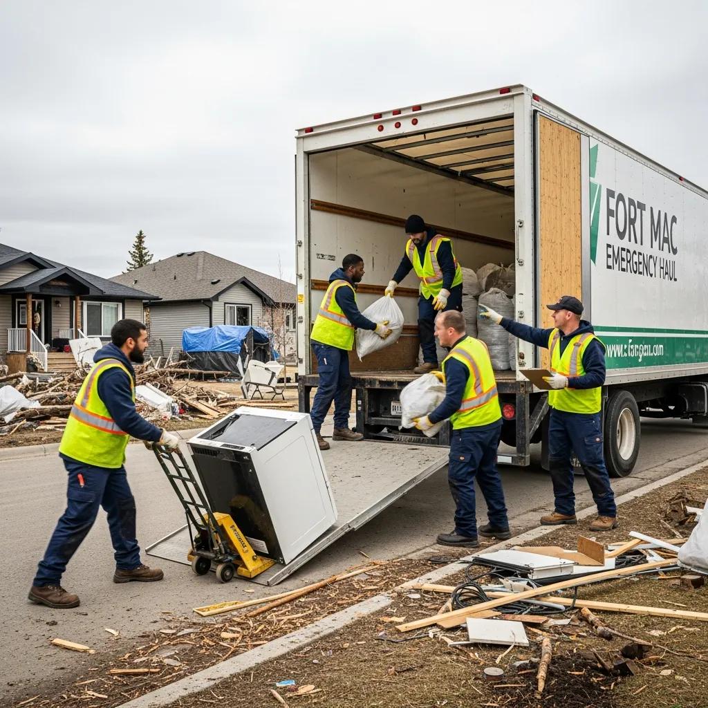 Same-day junk removal team in Fort McMurray efficiently clearing debris from a residential area.