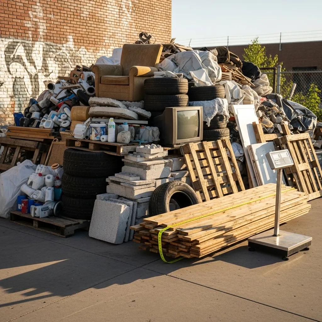 Various junk items organized to illustrate factors affecting removal pricing based on volume and weight