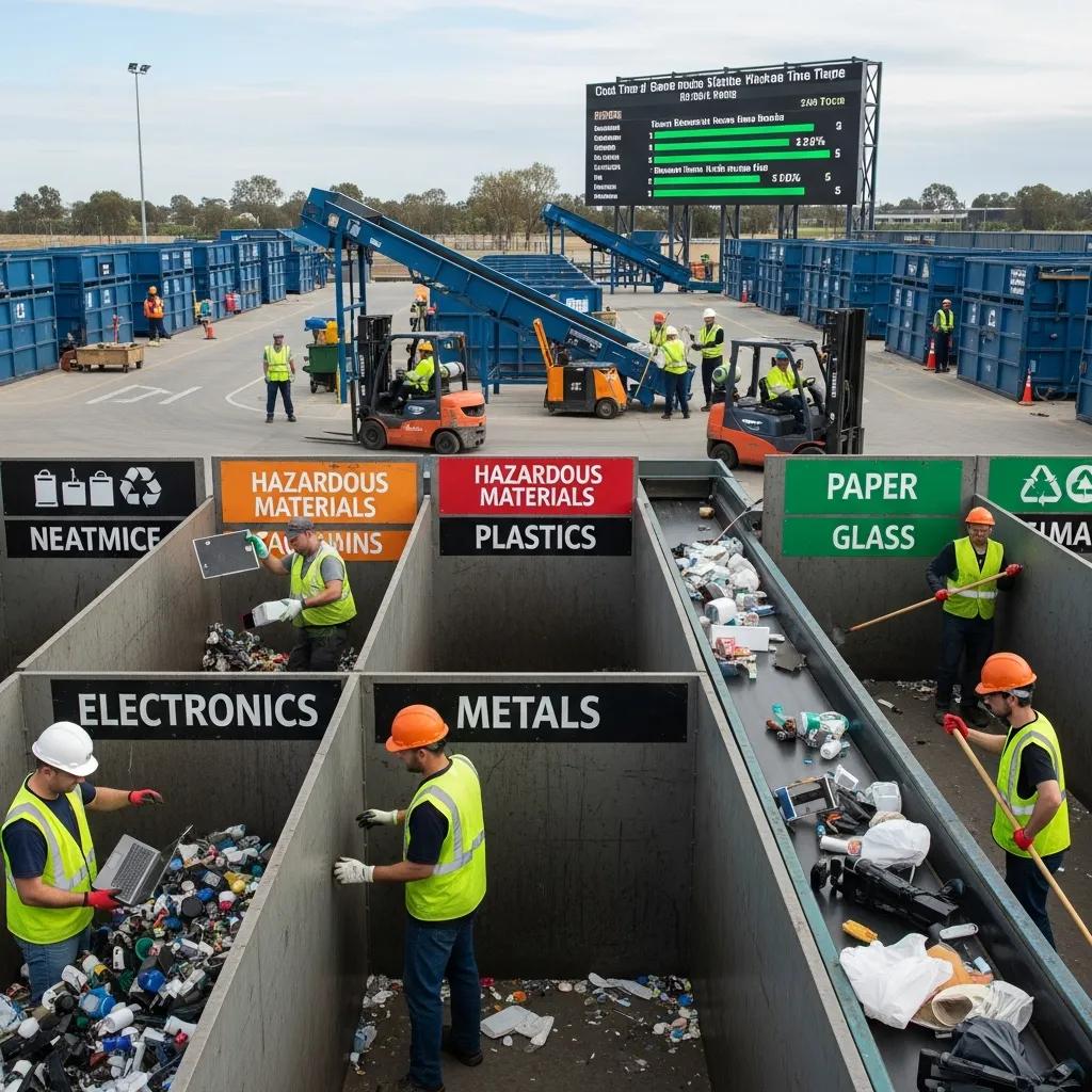 Waste disposal facility showing recycling efforts and local compliance signage in Fort McMurray